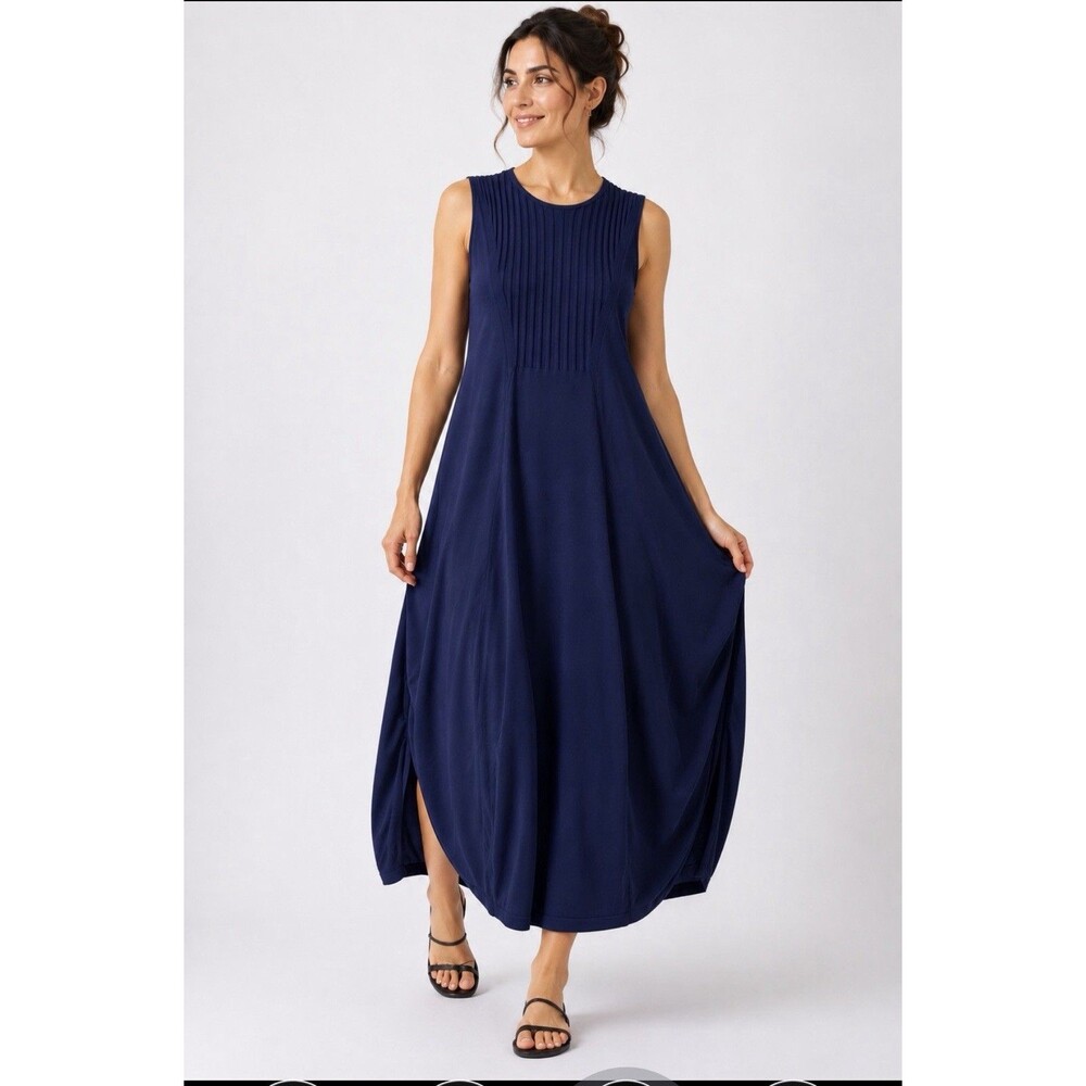 Peruvian Connection blue architectural Coccon Lantern Midi sleeveless dress sz M